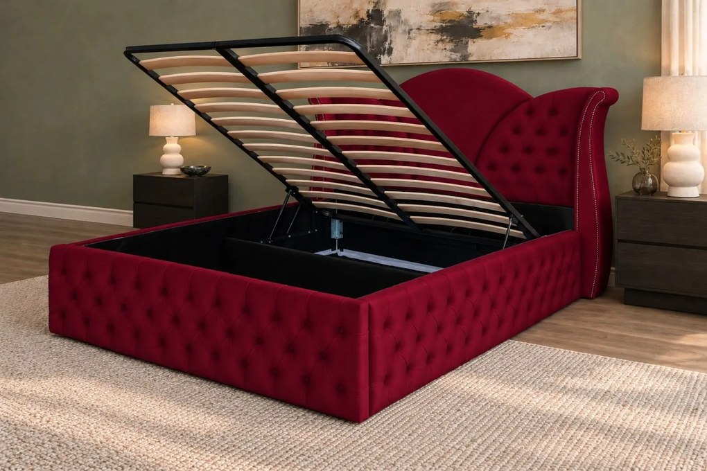 Pat tapițat Chesterfield din catifea Velora Deluxe Classic 140×200 cm, vișiniu, cu ladă de depozitare
