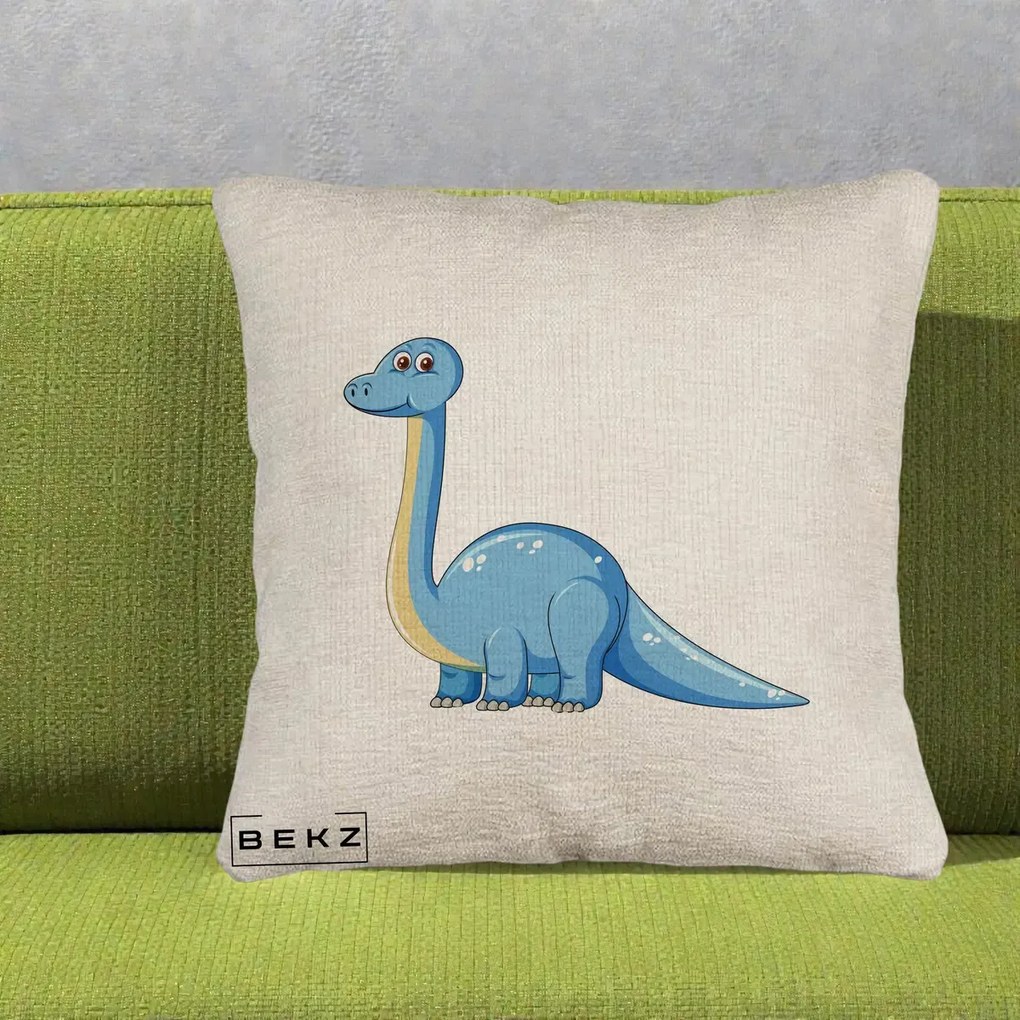 Perna Personalizata Brontosaur Albastru, 40x40 cm, Bej Canapea, Husa Detasabila, Perna Inclusa, BEKZ®