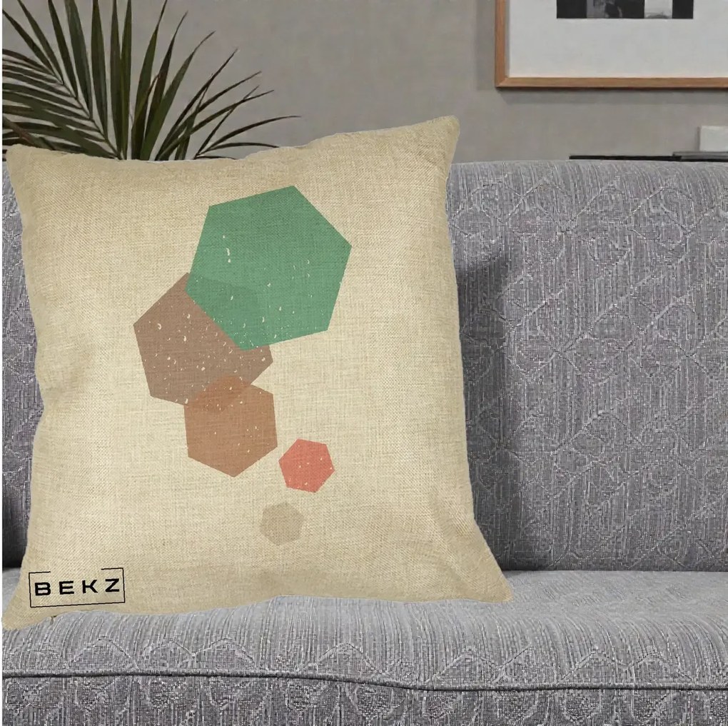Perna Decorativa Geometric Hexagoane Pastel, 40x40 cm, Crem, Husa Detasabila, Perna Inclusa, BEKZ®
