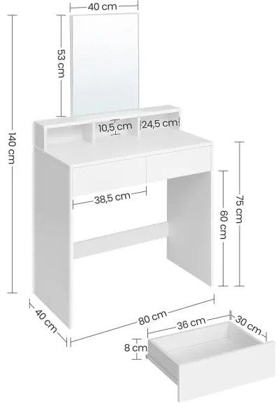 Masa De Toaleta Cu Oglinda, 2 Sertare Si 3 Compartimente, Alb, 80 Cm