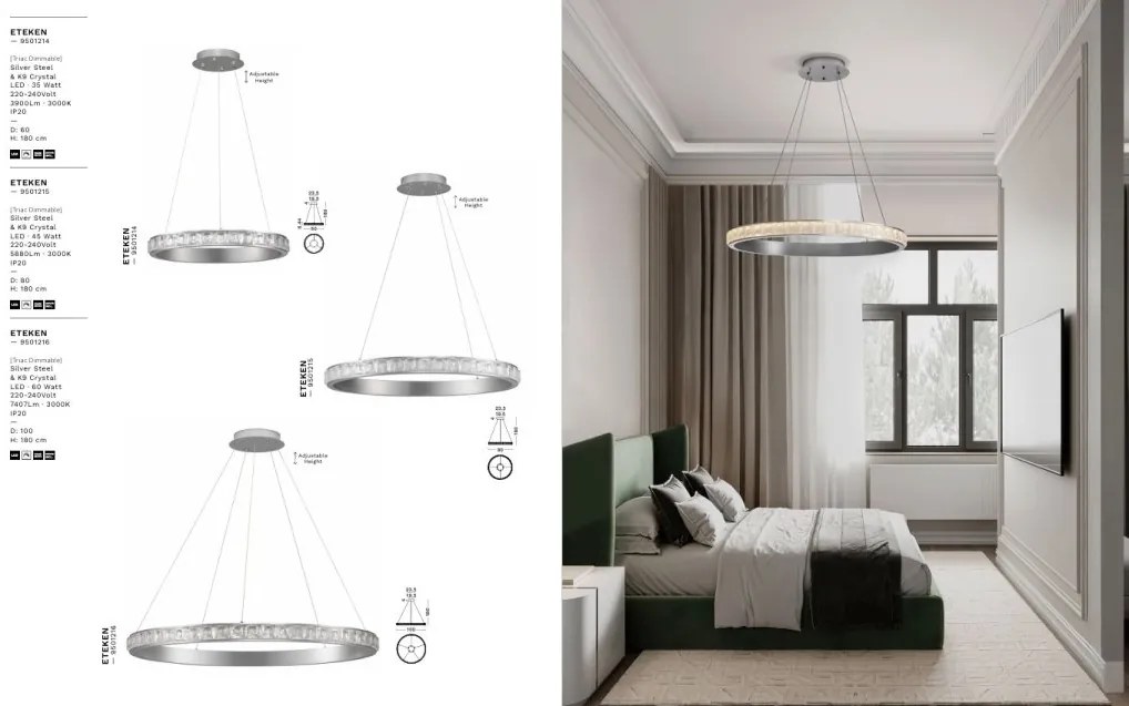 Lustra LED design circular, Otel, Argintiu, Cristal K9, ETEKEN NVL-9501214