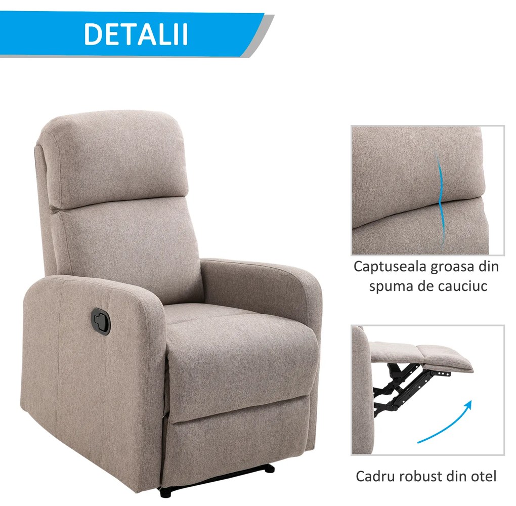HOMCOM Fotoliu Relax Rabatabil Manual cu Taburet Capacitate maxima 125kg Tesatura de Lin 66 × 95 × 99cm