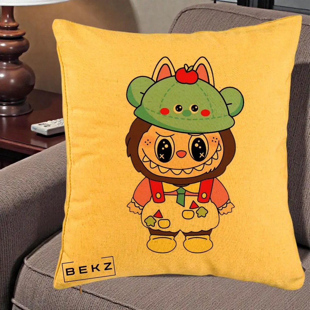 Perna Personalizata Labubu x Urs Albastru Colorat, 40x40 cm, Galben, Husa Detasabila, Perna Inclusa, BEKZ®