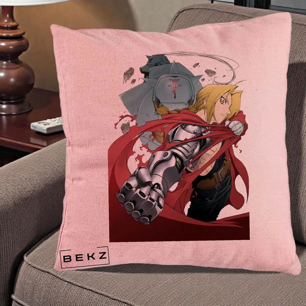 Perna Personalizata Fullmetal Alchemist Brotherhood Edward si Al Poster, 40x40 cm, Roz, Husa Detasabila, Perna Inclusa, BEKZ®