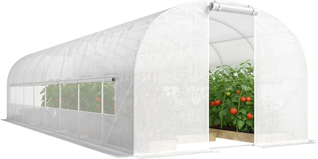 Outsunny Seră tunel de grădină 24 m², seră tunel cu cadru din oțel galvanizat, uși și 2 ferestre mari, alb | Aosom Romania