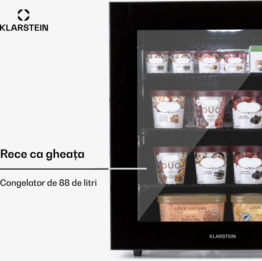 Klarstein IceAge 88, congelator, 88 litri, clasa energetică E, 2 etaje, termostat, uss din sticlă