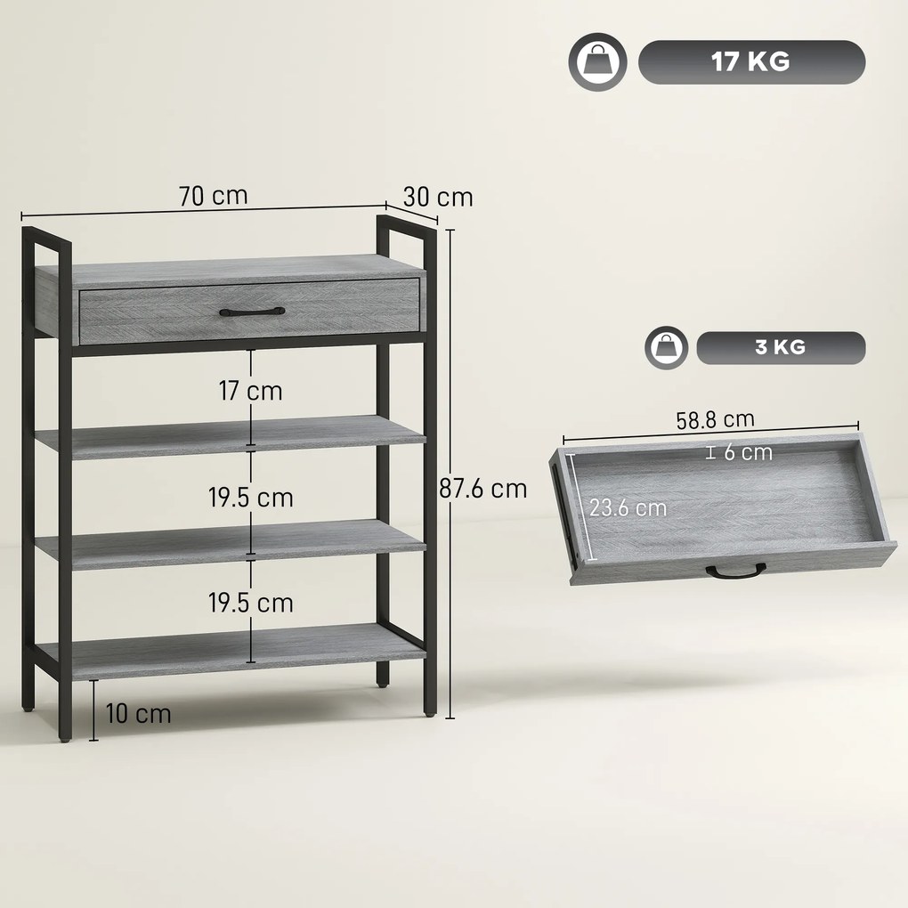 HOMCOM Raft de pantofi cu 4 niveluri, suport pentru hol pentru până la 9 perechi de pantofi, placă tip aglomerat, metal, gri | Aosom Romania