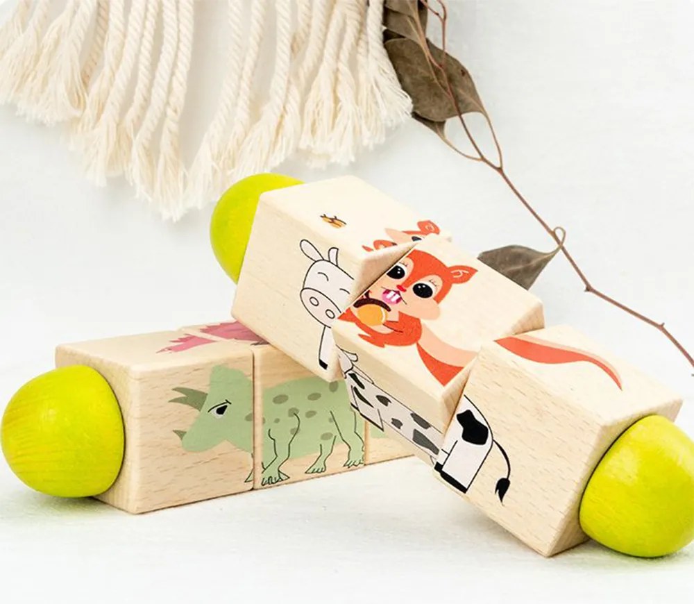 Mini puzzle cu cilindri cu animale, jucărie din lemn Montessori