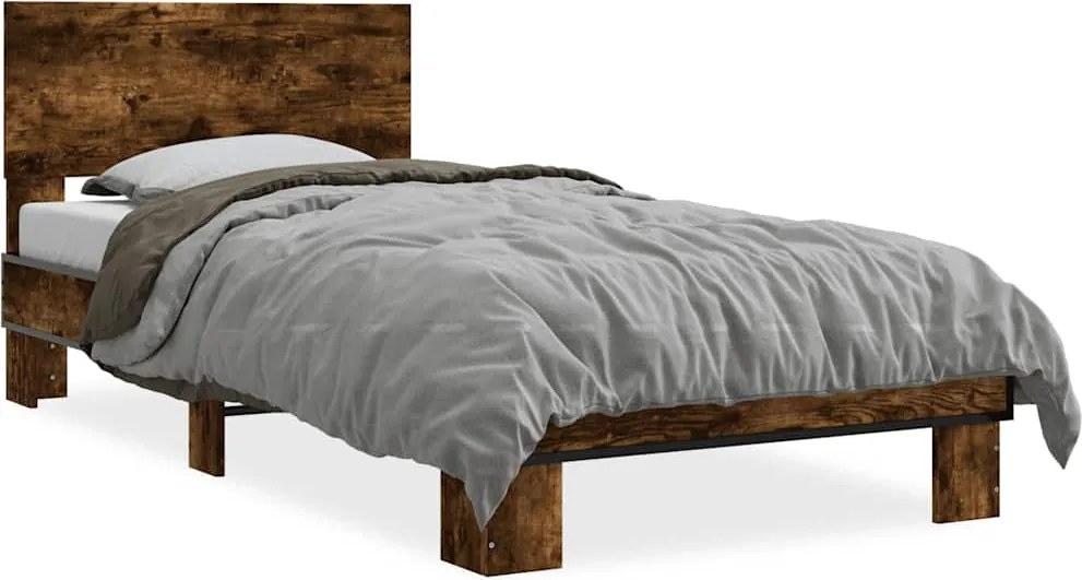 vidaXL Cadru de pat, stejar fumuriu, 90x200cm, lemn prelucrat și metal