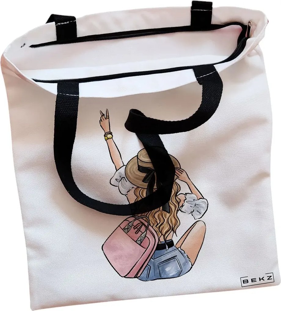 Sacosa de Panza pentru Cumparaturi, Geanta Tote, Travel Girl 7, Cu fermoar, 38x34.5 cm, Alba, BEKZ®