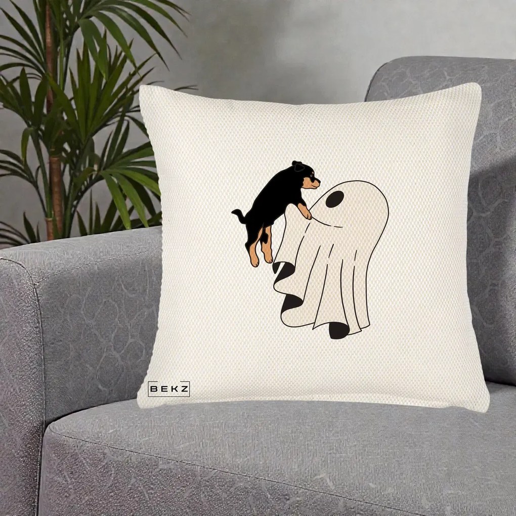 Perna Decorativa Caine Rottweiler Fantoma Halloween, 40x40 cm, Crem Reliefat, Husa Detasabila, Perna Inclusa, BEKZ®
