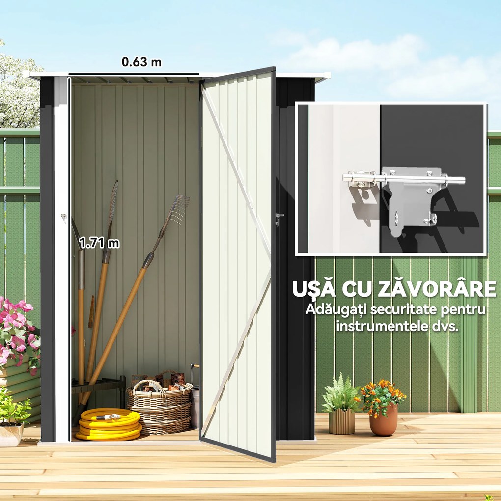Outsunny Căsuță de Grădină 1.07m² din Oțel Zincat, Adăpost pentru Unelte cu Ușă Blocabilă, Acoperiș Înclinat, 142x86x189 cm, Gri Închis | Aosom Romania