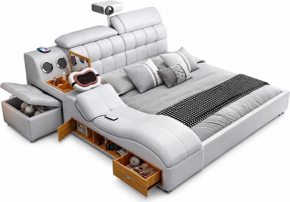 MOBLUX99 Utility 160x200 cm Light Grey Right Chaise – Pat Inteligent Premium cu Proiector, Vibromasaj, Boxe Bluetooth, Încărcare Wireless și Spații Multiple de Depozitare
