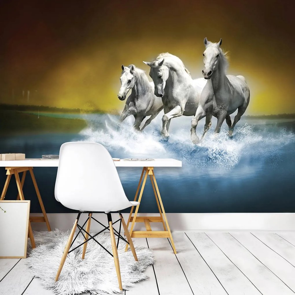 Fototapet - Calul alb în galop pe apă (152,5x104 cm)
