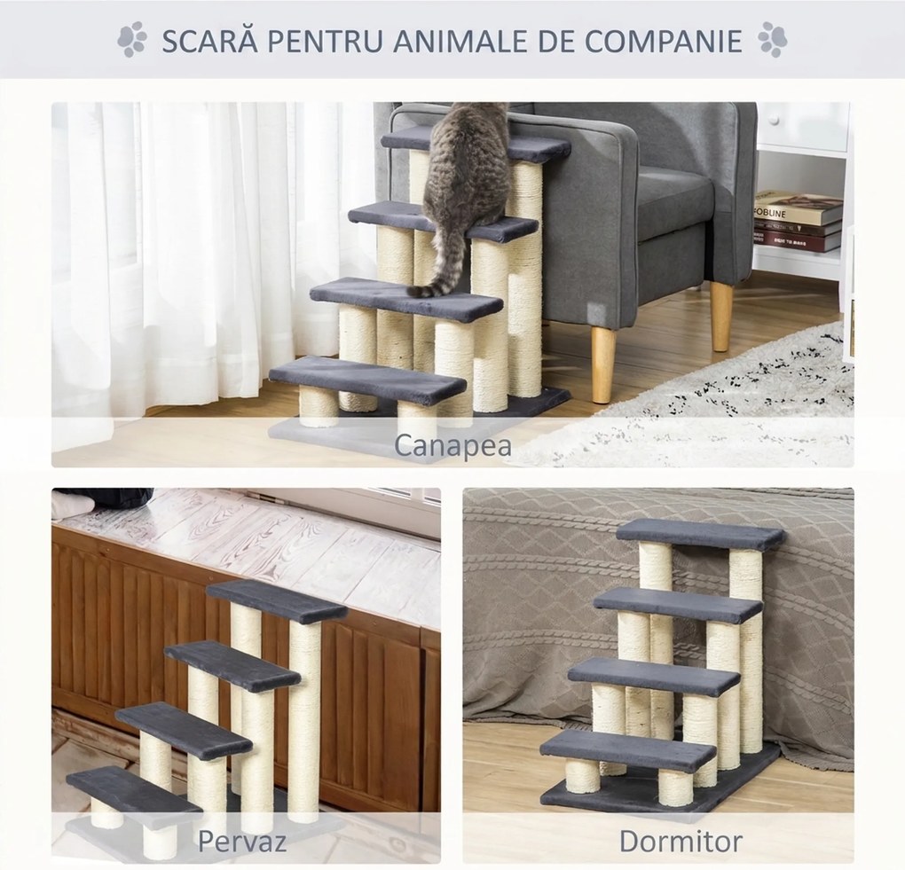 PawHut Scalettă pentru Pisici cu 4 Trepte, Stâlpi de Zgâriat din Sisal și Husă din Pluș, 60x40,5x59 cm, Gri | Aosom Romania
