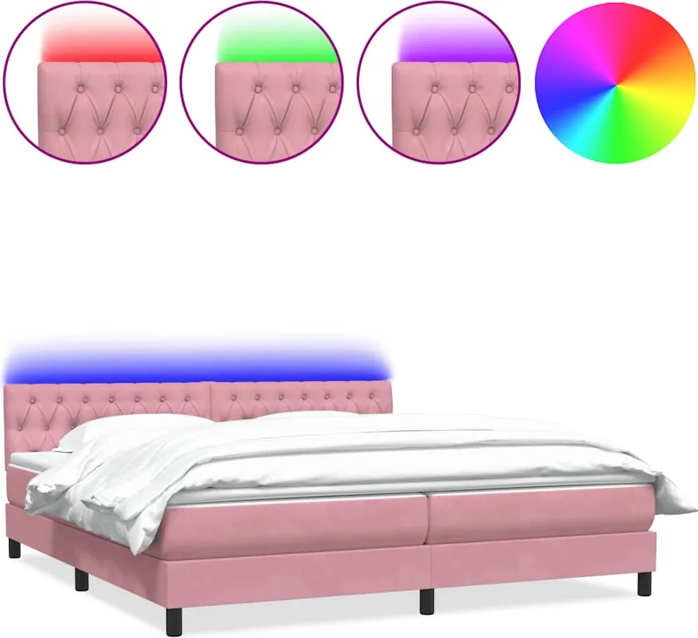vidaXL Pat cu arcuri cu saltea și LED, roz, 180x210 cm, catifea