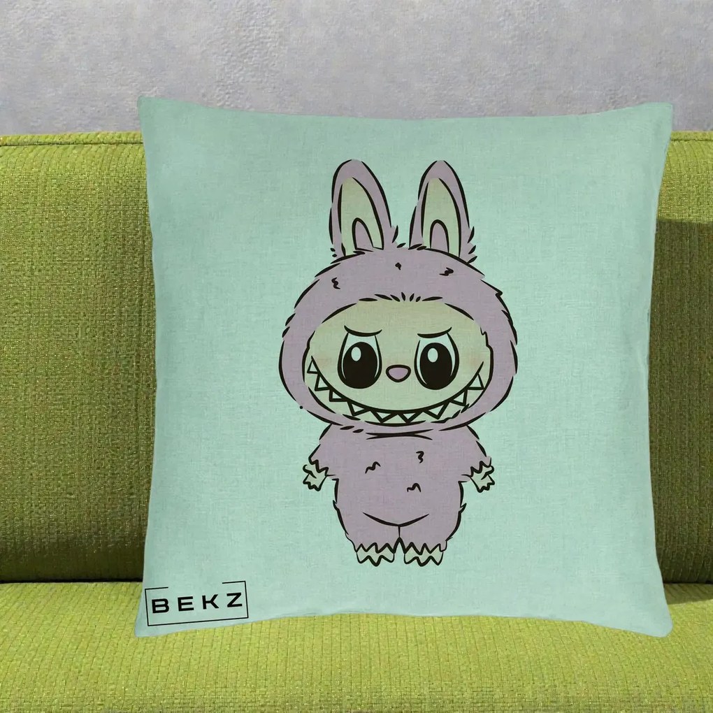 Perna Personalizata Labubu Mov Pastel, 40x40 cm, Verde Menta, Husa Detasabila, Perna Inclusa, BEKZ®