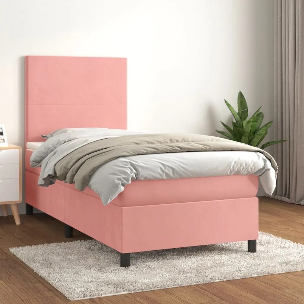 3142880 vidaXL Pat box spring cu saltea, roz, 90x190 cm, catifea