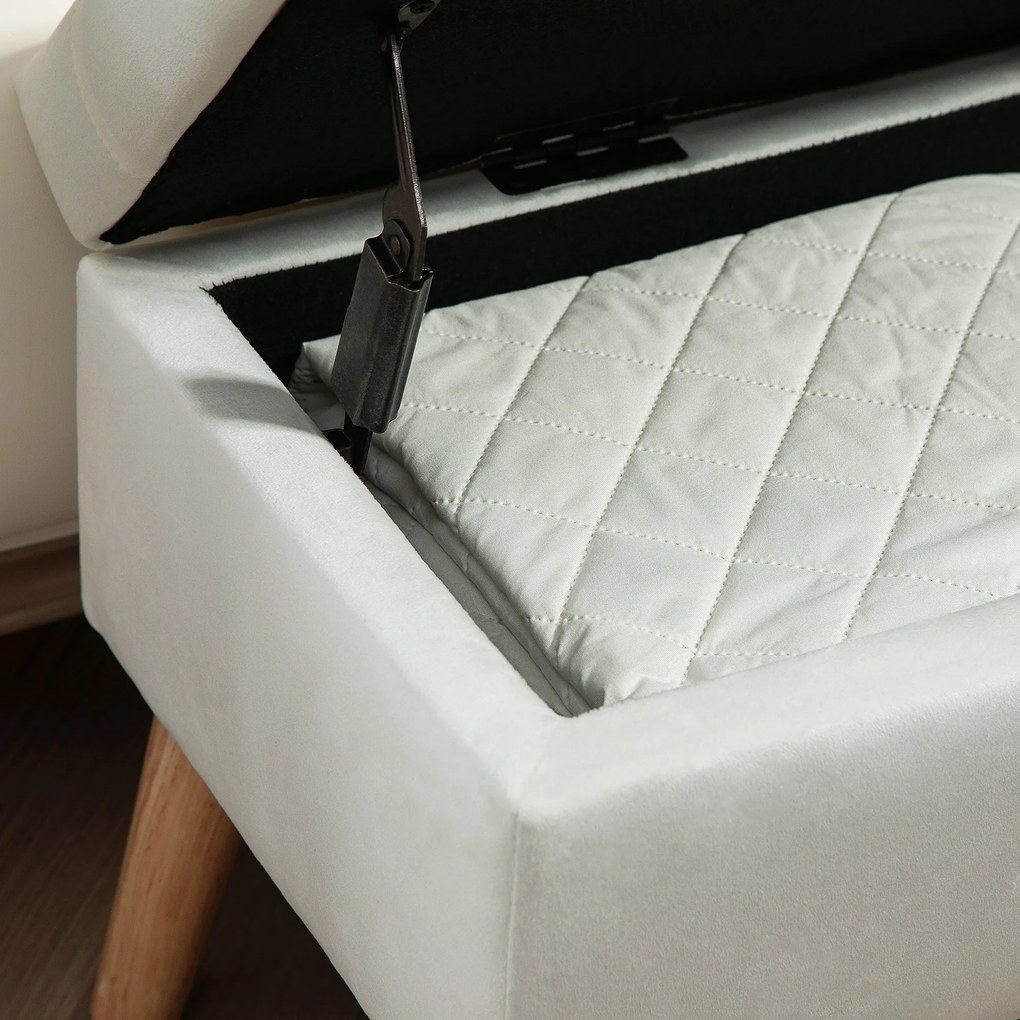 HOMCOM Bancă Tapizată cu Spațiu de Depozitare, Înveliș din Catifea, Picioare din Lemn, pentru Living, Dormitor, Hol, 80 x 35 x 40 cm, Alb | Aosom Romania