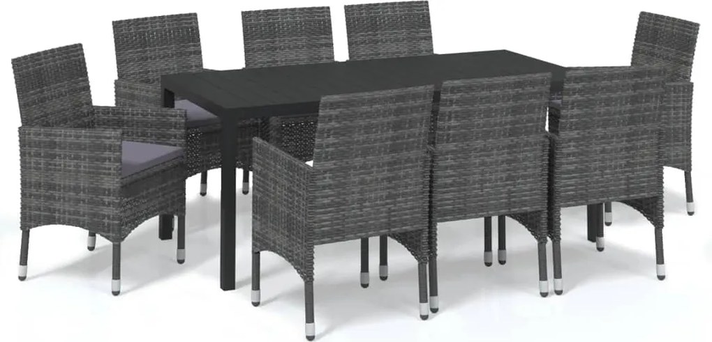 vidaXL Set de masă pentru grădină cu perne, 9 piese, gri, poliratan