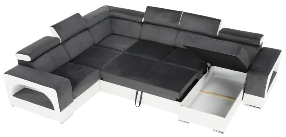colţar în formă de U, piele ecologică albă/material textil gri, model dreapta, KAMELIA