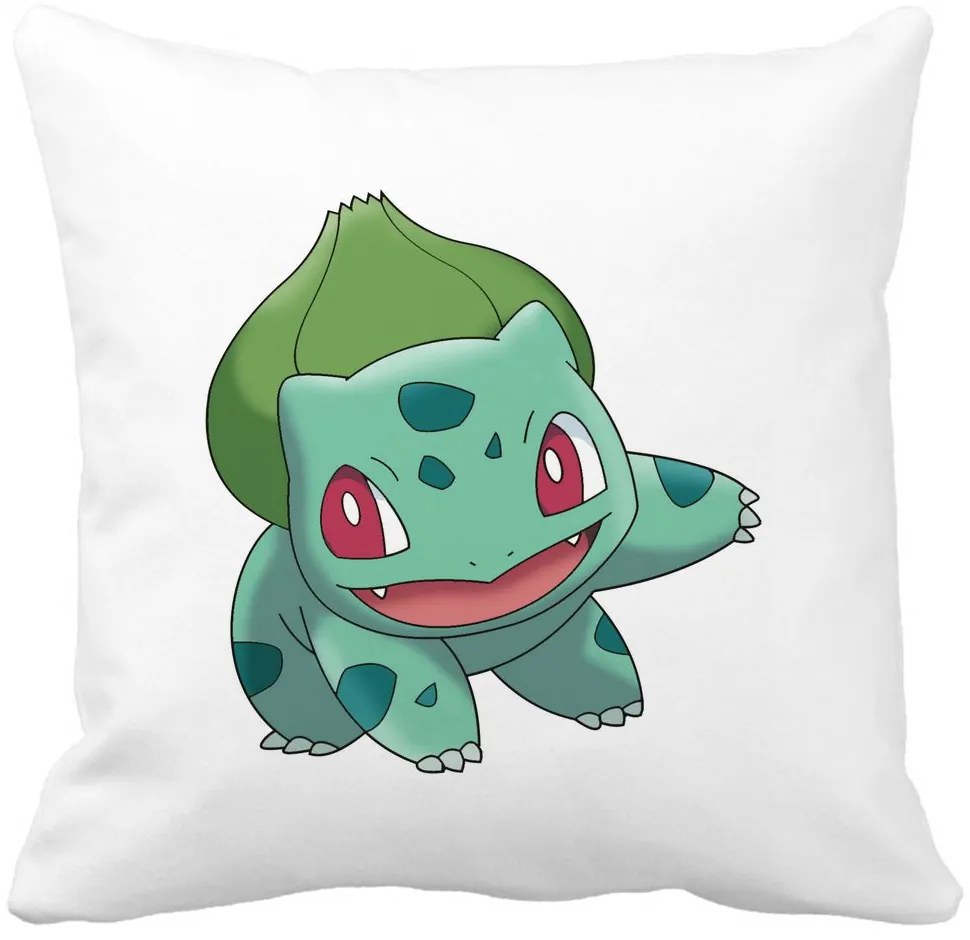 Perna Decorativa Patrata copii Bulbasaur, 40x40 cm, Alba, Mata, Husa Detasabila, Burduf