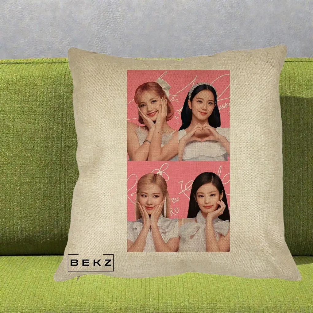Perna Personalizata K-pop BLACKPINK Colaj Roz, 40x40 cm, Crem, Husa Detasabila, Perna Inclusa, BEKZ®