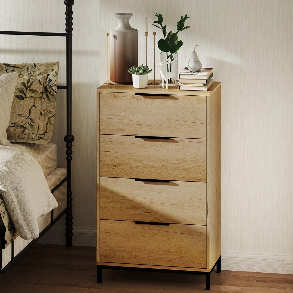 HOMCOM Comodă 4 Sertare din PAL și Metal 62x35x105 cm Maro Deschis | Aosom Romania
