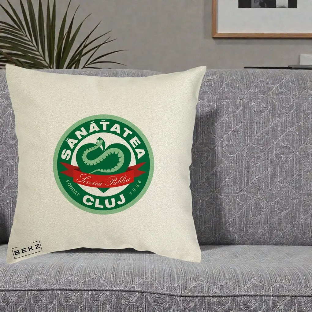 Perna Personalizata Sanatatea Cluj Servicii Publice 1986, 40x40 cm, Ecru, Husa Detasabila, Perna Inclusa, BEKZ®