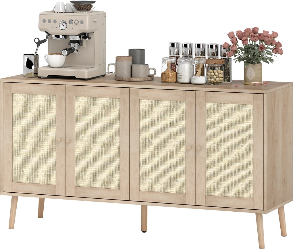 HOMCOM Bufet pentru living, mobilier de depozitare cu uși cu împletitură (cannage) și poliță reglabilă 140 x 40 x 75 cm, aspect lemn natural | Aosom Romania