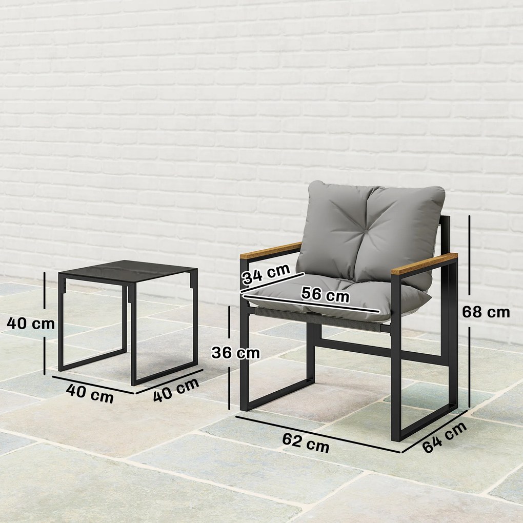 Outsunny Set Bistro pentru 2 Persoane, Set din 3 Piese pentru Grădină cu Cadrul din Metal și Perne Groase | Aosom Romania