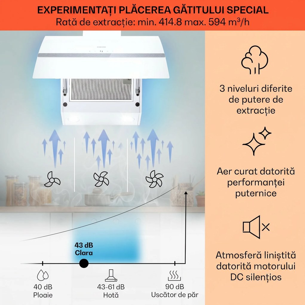 Klarstein Clara 60, hotă, 591 m³/h, ecran tactil, iluminare ambientală
