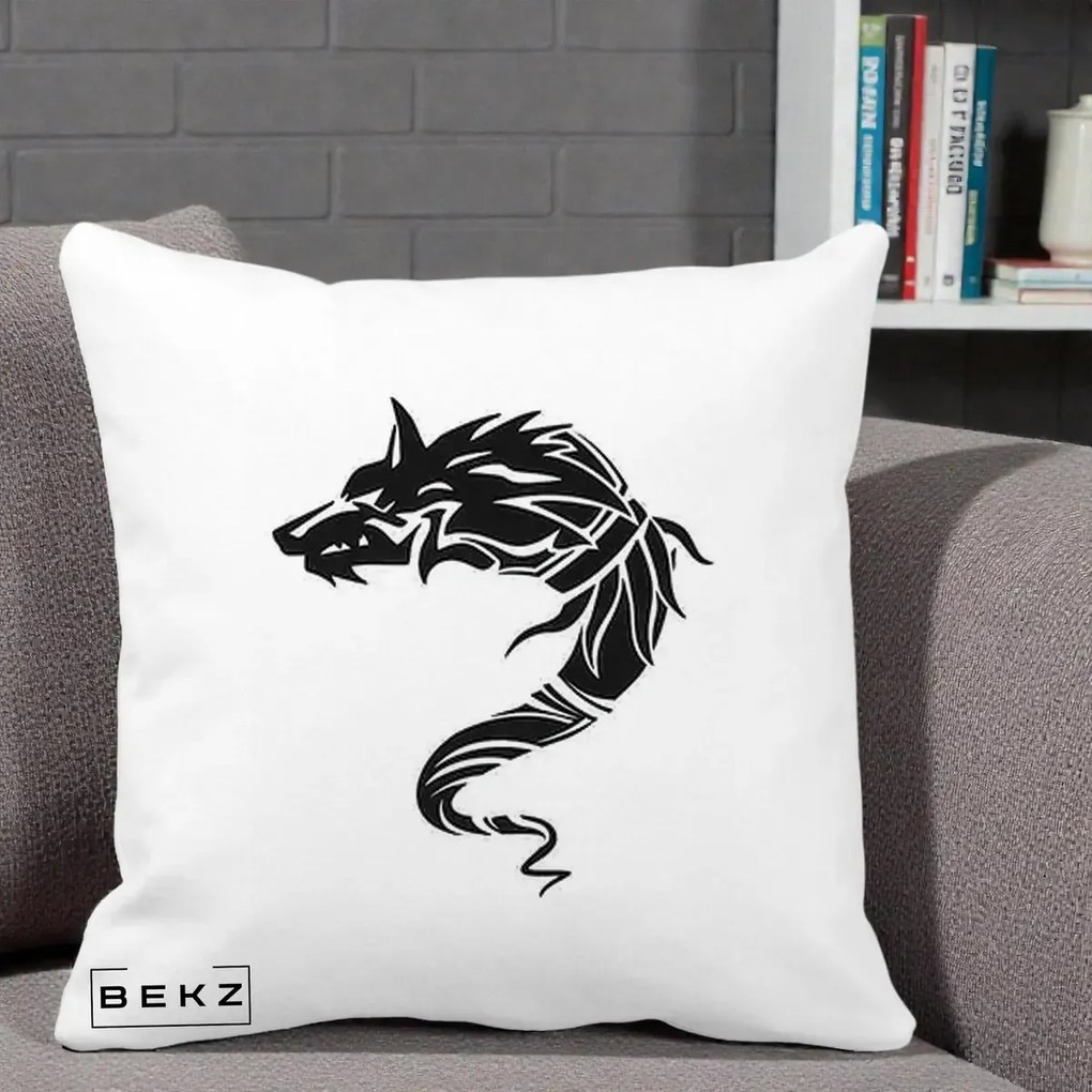Perna Decorativa Lup Tribal Alb-Negru, 40x40 cm, Alba Mata, Husa Detasabila, Perna Inclusa, BEKZ®