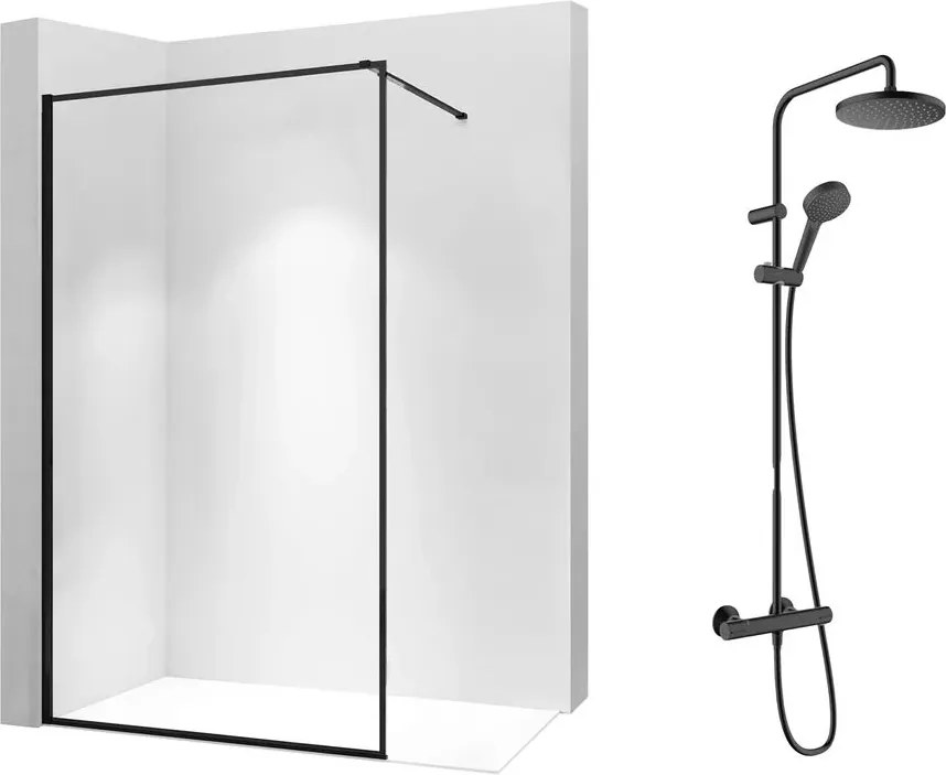Pachet paravan dus Walk-In Rea Bler-1 negru 80x195 cm si coloana de dus Hansgrohe Vernis Blend negru