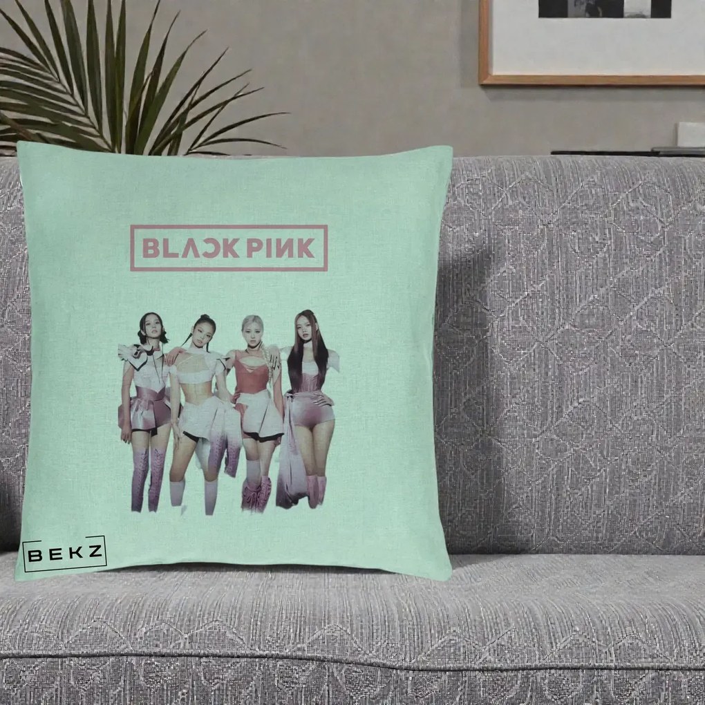 Perna Personalizata K-pop BLACKPINK Fotografie Grup Tinute Roz, 40x40 cm, Verde Menta, Husa Detasabila, Perna Inclusa, BEKZ®