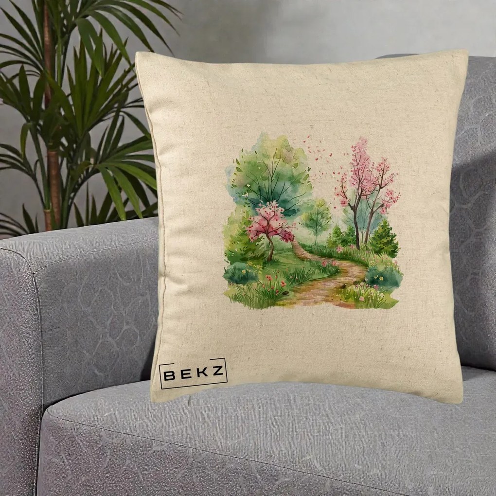 Perna Decorativa Gradina Primavara Acuarela, 40x40 cm, Bej, Husa Detasabila, Perna Inclusa, BEKZ®