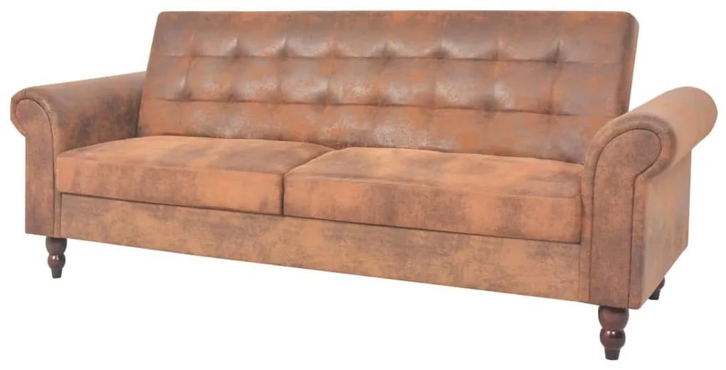 Canapea extensibila cu brate, velur artificial, maro