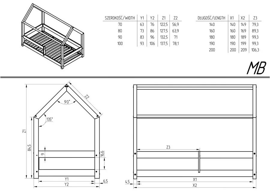 Pat în formă de căsuță pentru copii din lemn de pin 120x200 cm Mila MB - Adeko
