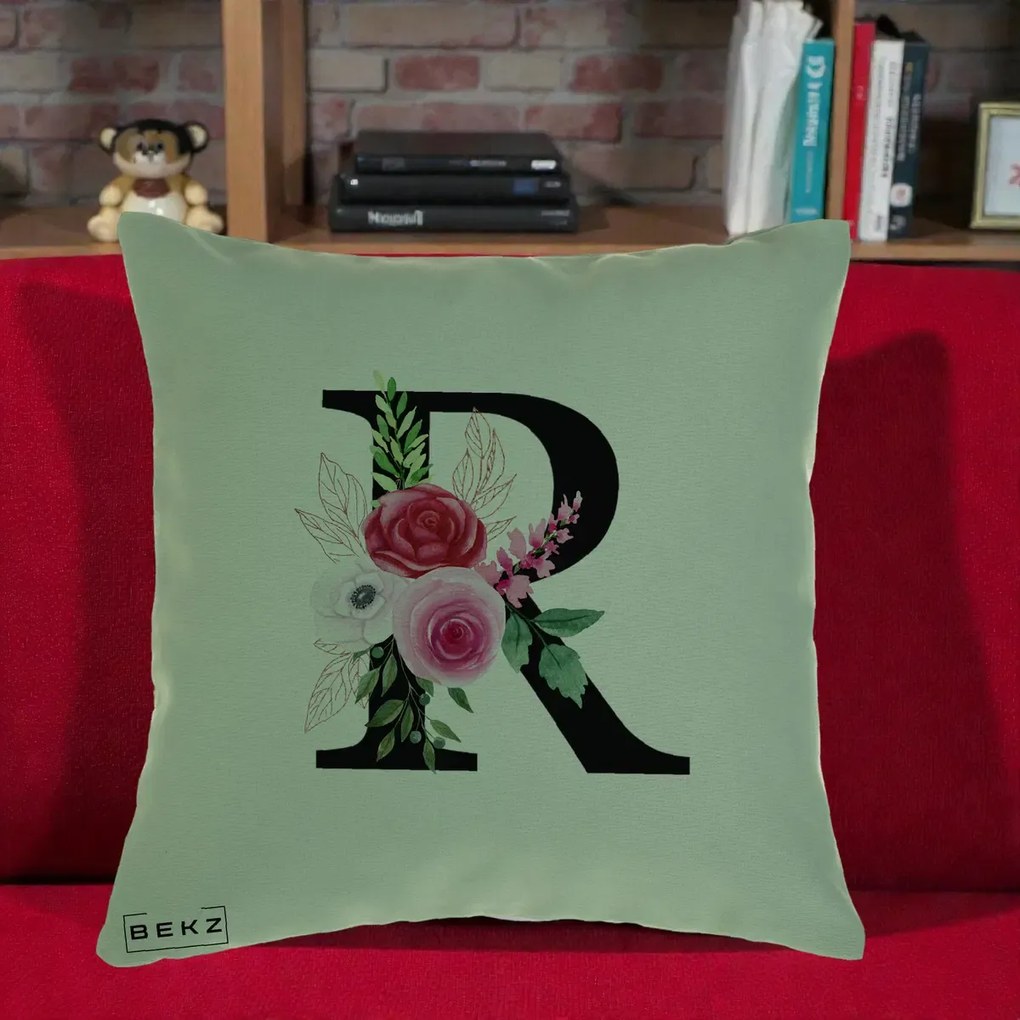 Cadou Personalizat - Perna Personalizata Monograma Florala Litera R, 40x40 cm, Verde, Husa Detasabila, Perna Inclusa, BEKZ®