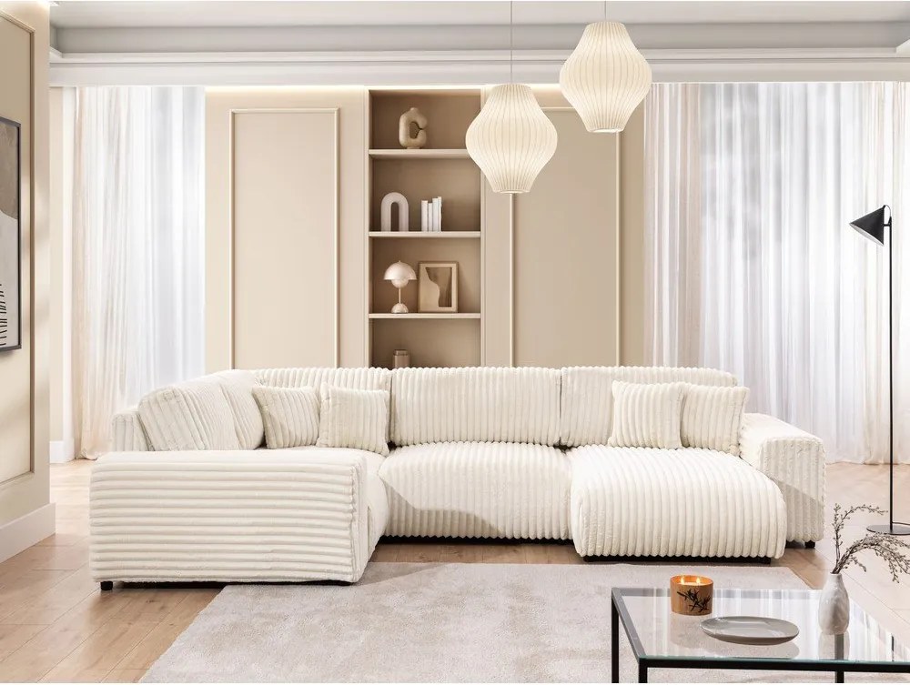 Colțar crem cu tapițerie din catifea reiată (cu colț pe partea stângă/în formă de "U") Justin – Ropez