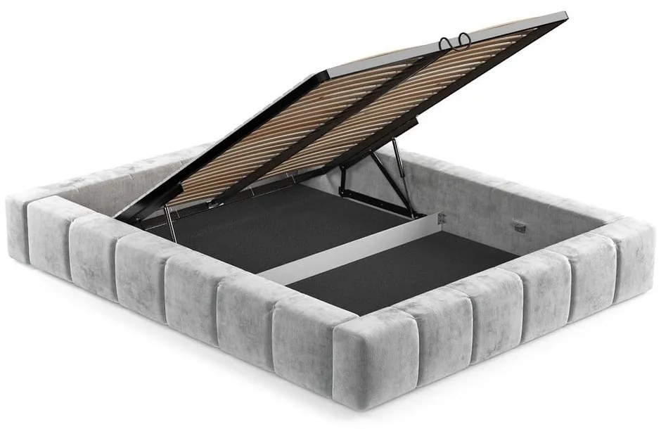 Pat matrimonial gri deschis tapițat cu spațiu de depozitare cu somieră 160x200 cm Aruba L – Maison de Rêve