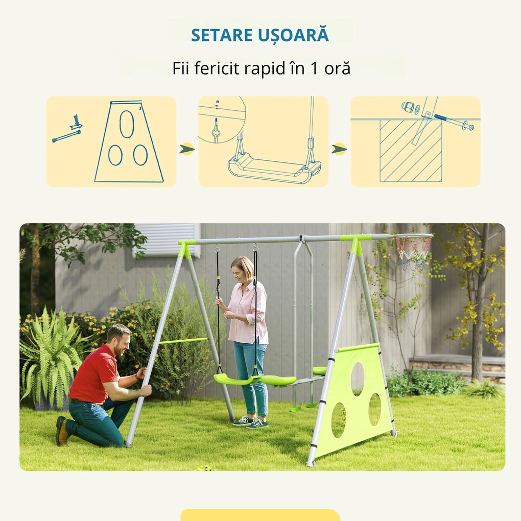 AIYAPLAY Leagăn de Grădină 3 în 1 pentru Copii 3-8 Ani cu Coș de Baschet și Poartă de Fotbal, 238x180x182 cm, Verde | Aosom Romania