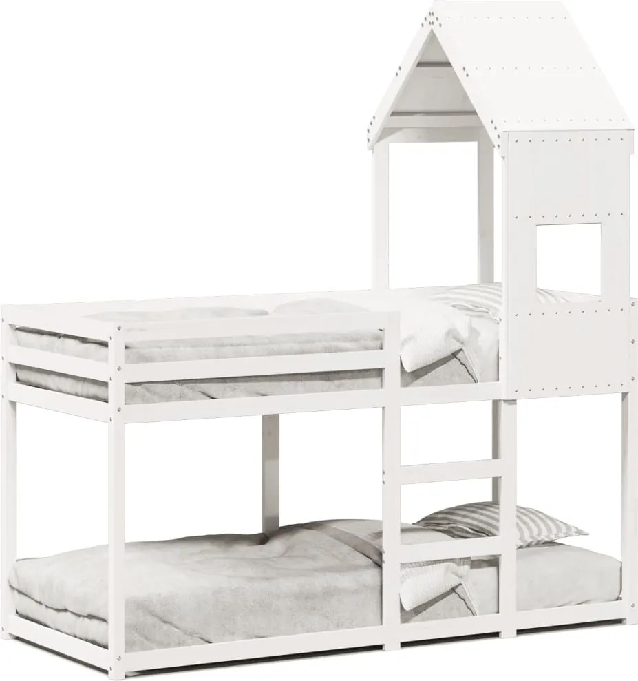 vidaXL Pat supraetajat cu acoperiș, alb, 90x190 cm, lemn masiv de pin