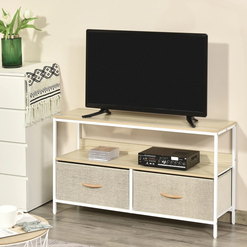 HOMCOM Mobilier pentru Televizor de 47" cu Sertare Pliabile din Material Textil și Raft, 98x29x56 cm, Lemn Natural | Aosom Romania