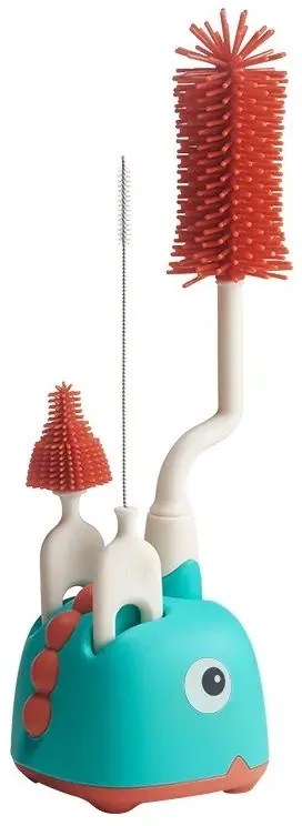 Set perie curatare biberoane cu suport 4 in 1 Kidizi DinoCare Red, 0% BPA, pentru biberoane, tetine si paie