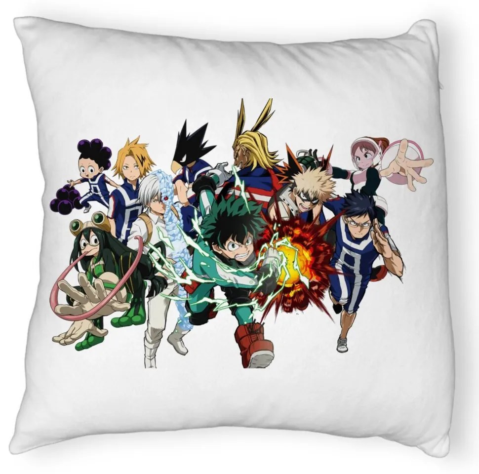 Perna Decorativa Fluffy cu My Hero Academia Characters, 40x40 cm, Alba, Husa Detasabila, Burduf