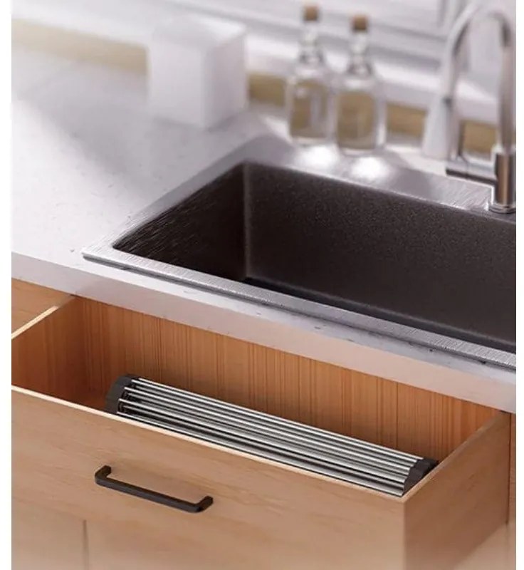 Uscator pentru vase pliabil Kinghoff KH 1903, 45x32 cm, Rezistent la coroziune, Margini din silicon, Antiderapant, Pliabil, Inox/gri