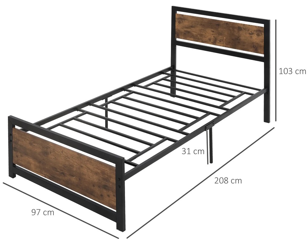 Cadru de Pat de o Persoana HOMCOM din Lemn si Otel 90x200cm, Sipci Integrate, Tablie de Cap si Tablie Picioare in Stil Industrial | Aosom Romania