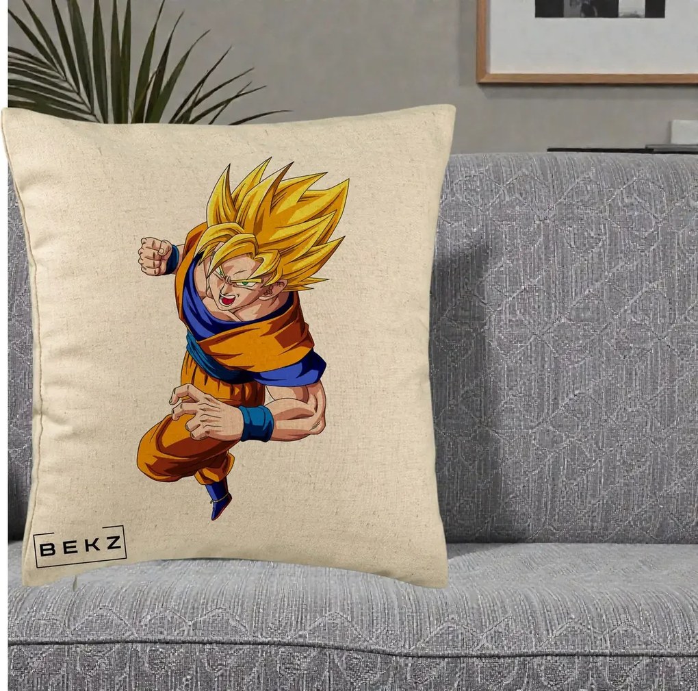 Perna Personalizata Dragon Ball Goku Super Saiyan 2 Lupta, 40x40 cm, Bej, Husa Detasabila, Perna Inclusa, BEKZ®