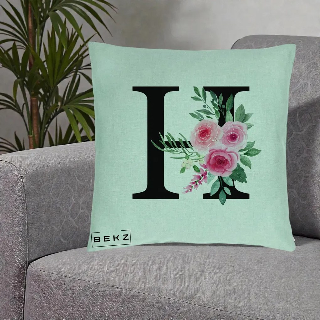 Cadou Personalizat - Perna Personalizata Monograma Florala Litera H cu Trandafiri Roz, 40x40 cm, Verde Menta, Husa Detasabila, Perna Inclusa, BEKZ®